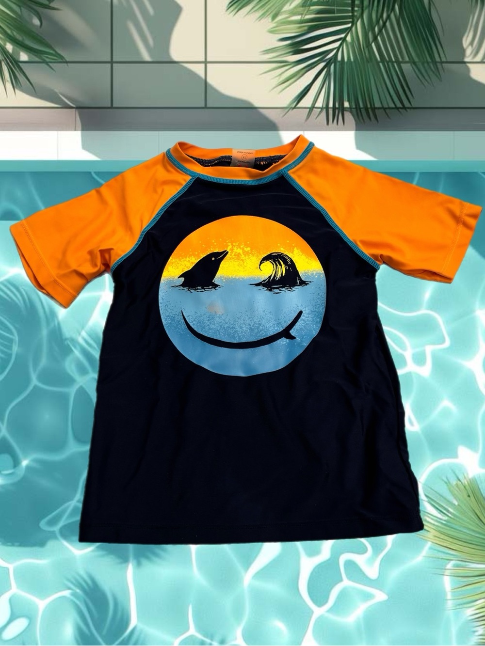 Appaman Boys UPF 50+ Rash Guard Navy Orange Smiley Face Swim Shirt 4T